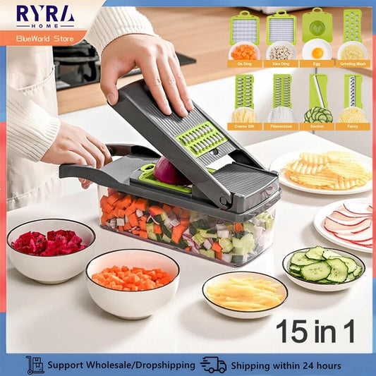 15in1 Vegetable Slicer Cutter Shredders Cutting Machine with Basket Multifunctional Potato Carrot Grater Fruit Chopper Kitchen Accessories